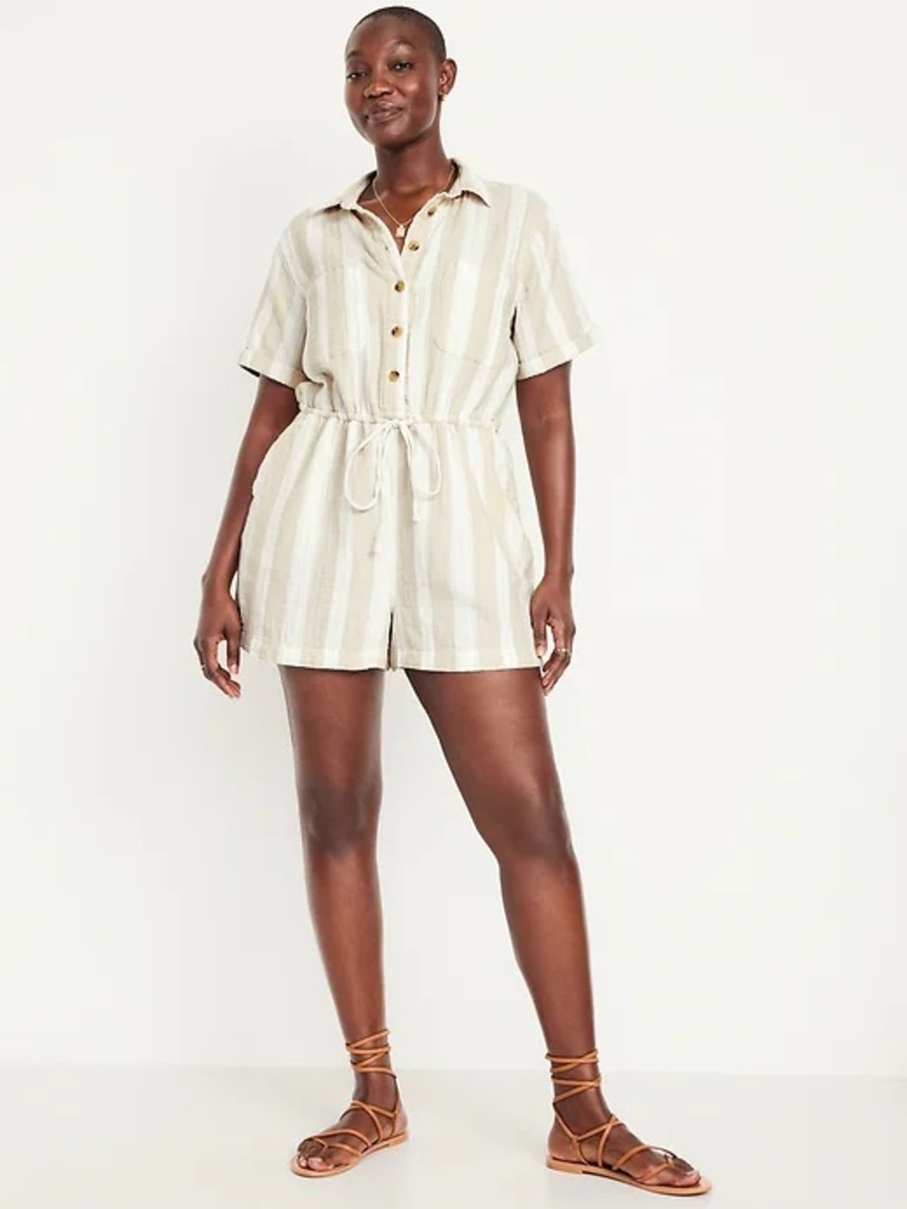 NWT Old Navy Cotton Striped Cream and White Short Sleeve Romper